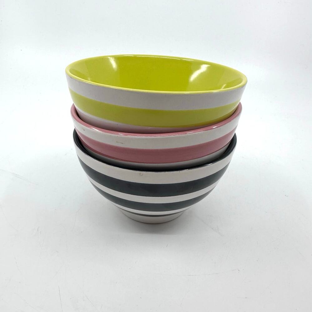 Thirty-One Dessert Bowls Set of 3 Yellow Pink Black Striped Ceramic Tableware